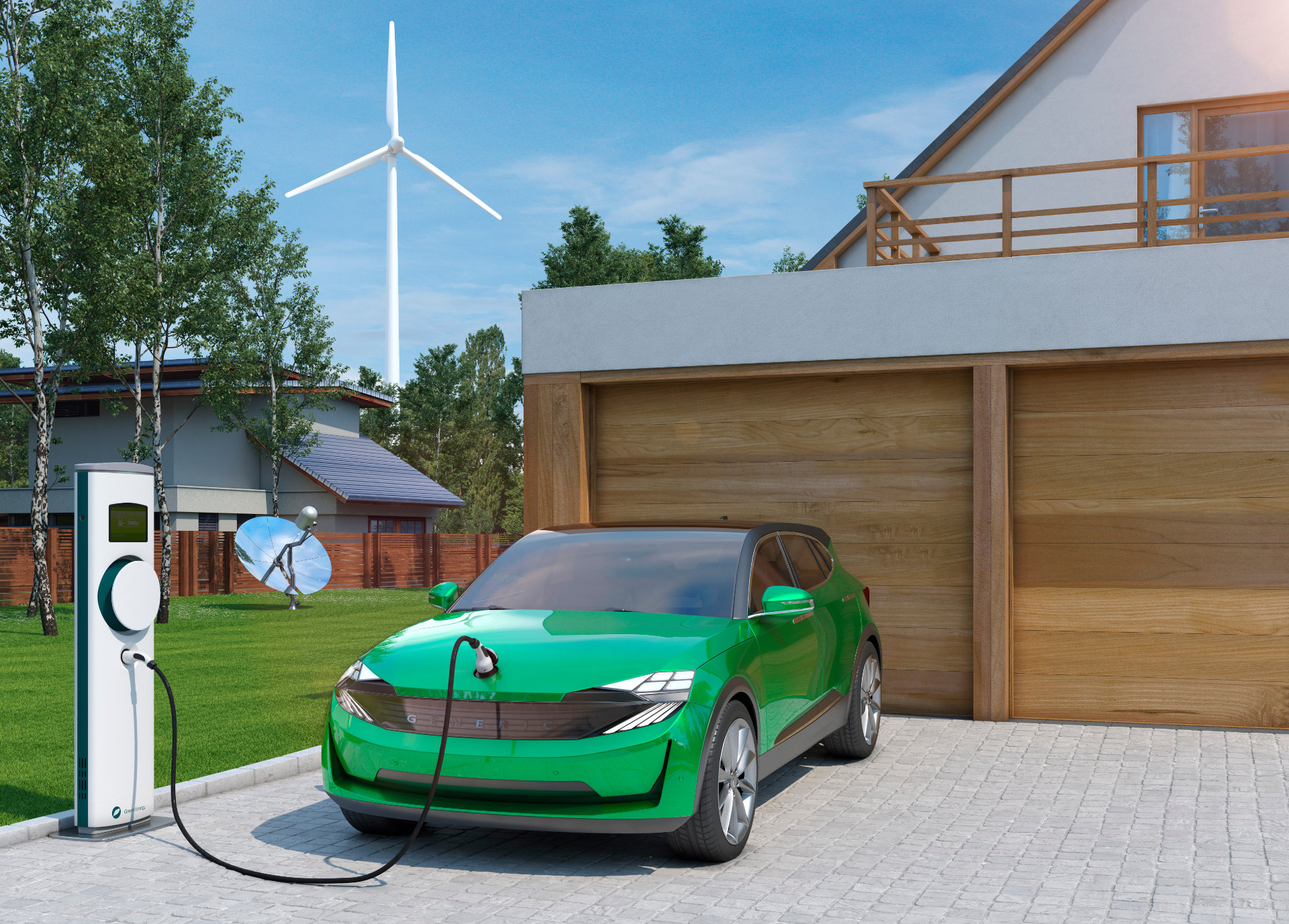 A green, generic brand electric vehicle attached to a home based charging station on the driveway outside a double garaged home.