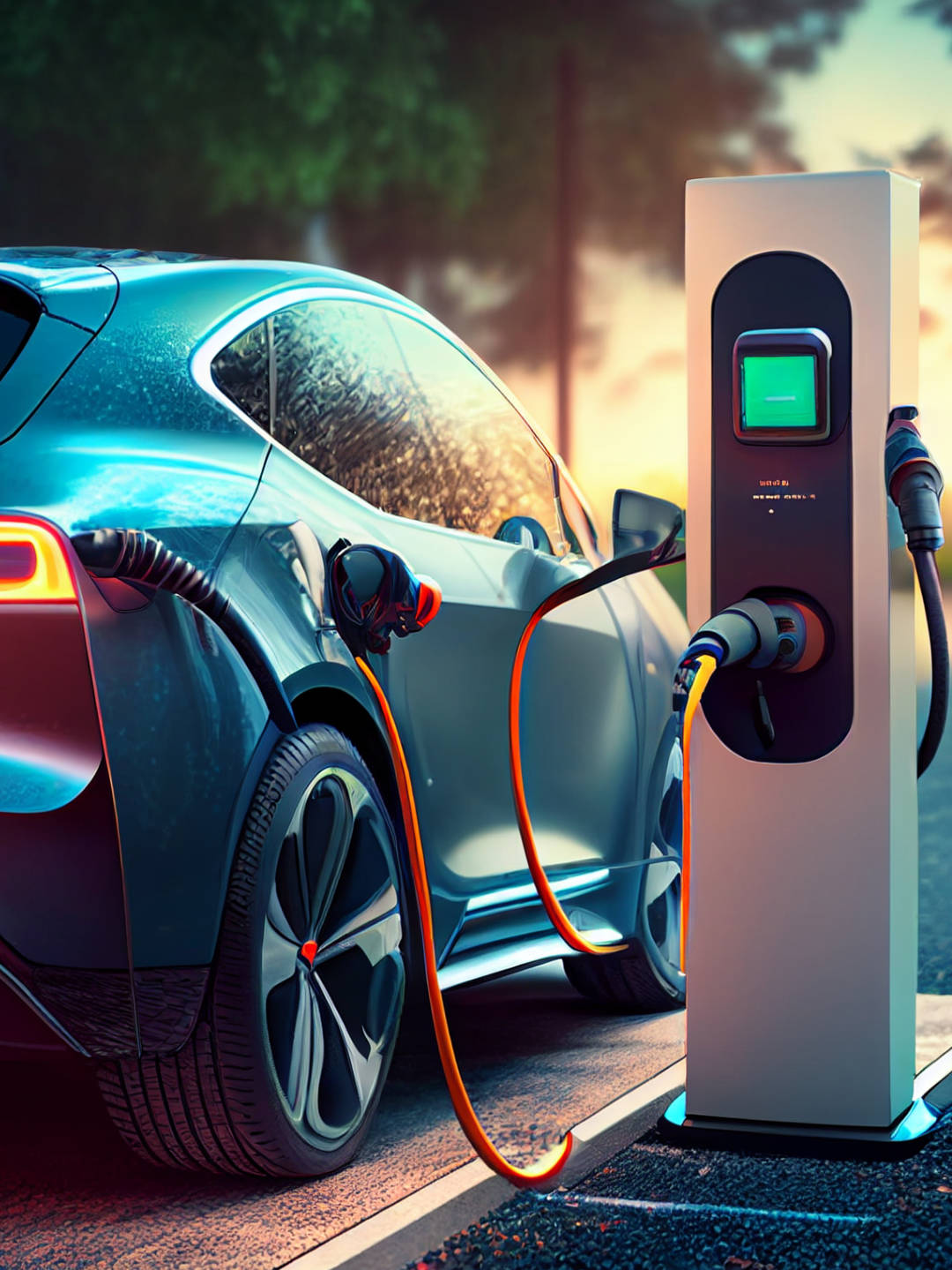 Electric car charging at a gas station in the city